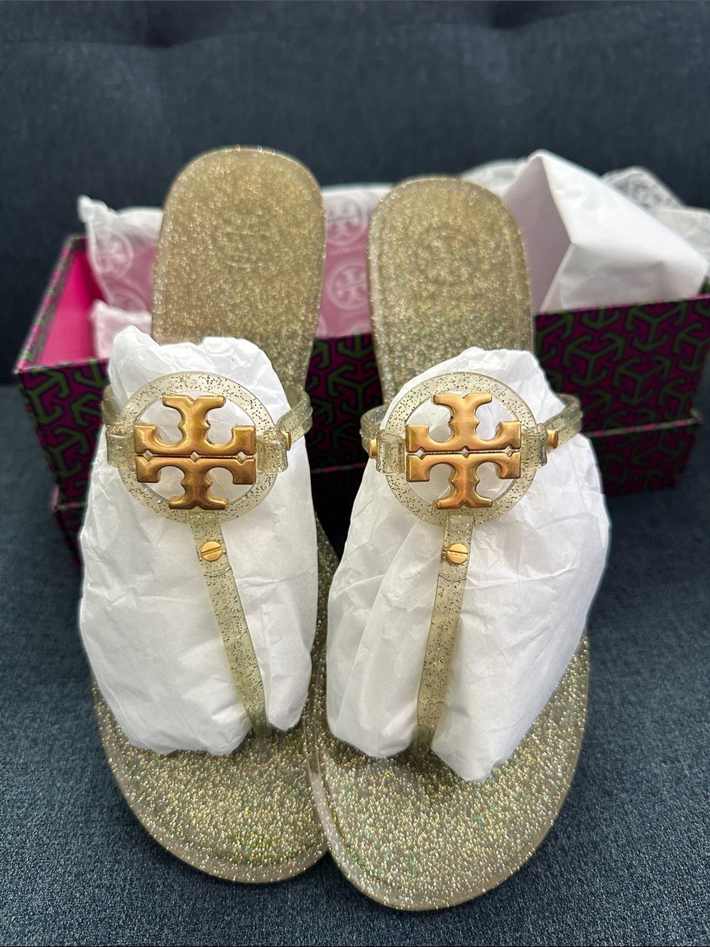 Tory Burch Mini Miller Flat Glitter Jelly Thong Sandals - Gold Multi NWT Size 9